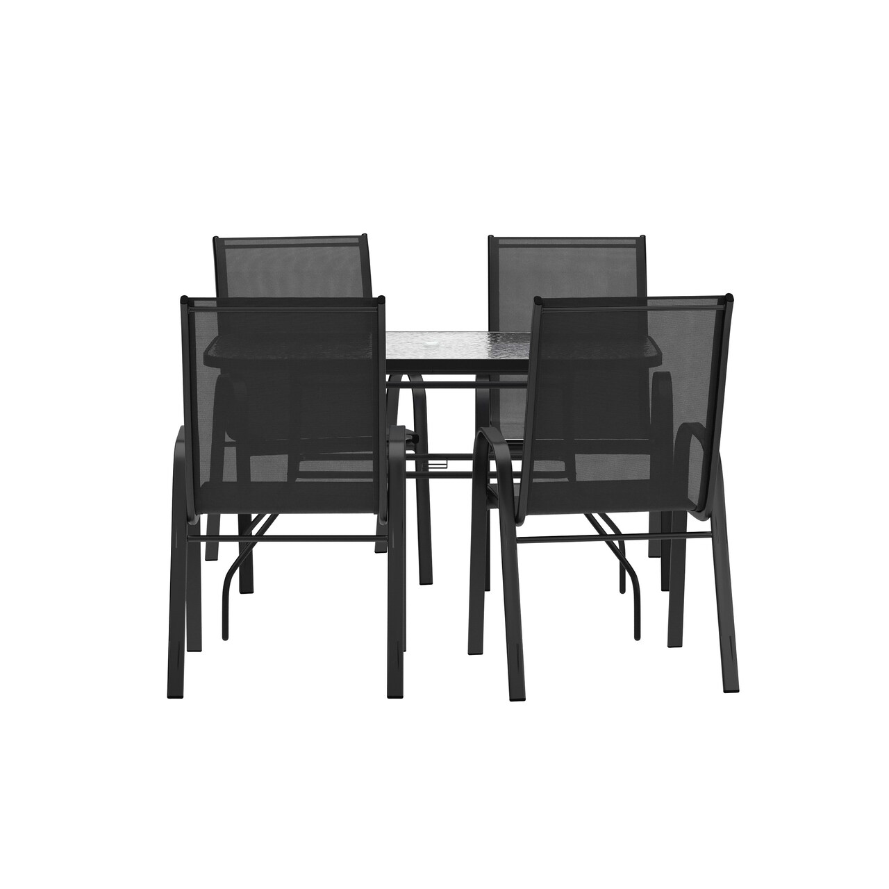 Merrick Lane Bardwell 5 Piece Outdoor Dining Table Set for 4 with Glass-Top Patio Table and 4 Stack Chairs with Flex Comfort Material